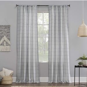 Farmhouse Blue/Linen Semi Sheer Plaid Curtains (2)
